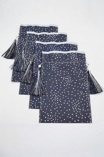 Tassel Tie Drawstring Paper Gift Pouch with Christmas print, Set of 4, 21X18cm