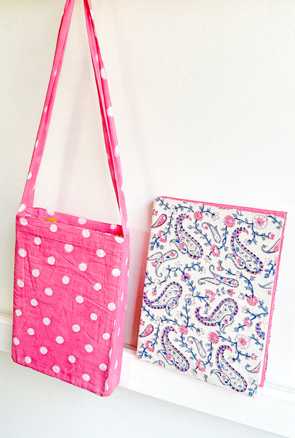 Quilted Cover Coptic Stitch Notebook with Bag, Prints, 9.5x7