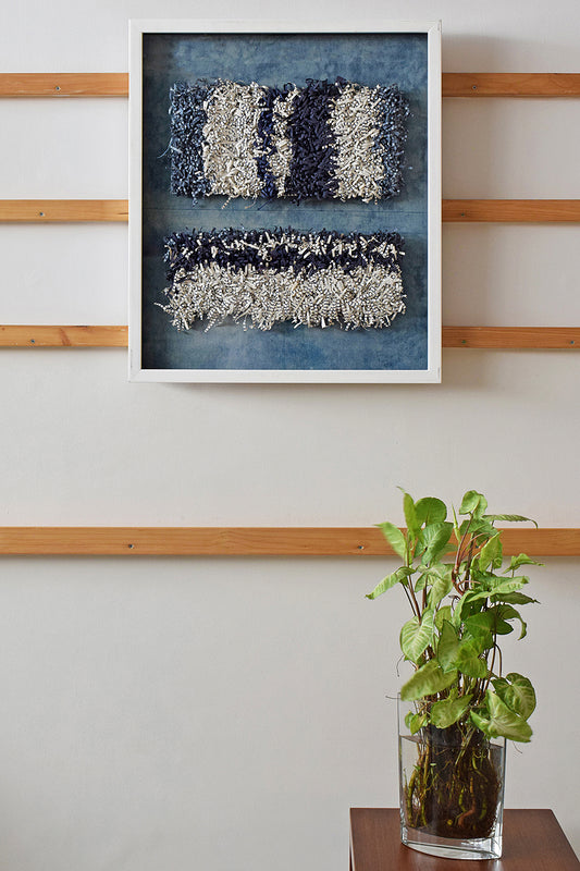 White & Blue Paper Fringes Weave Framed Wall Art Online 24x28
