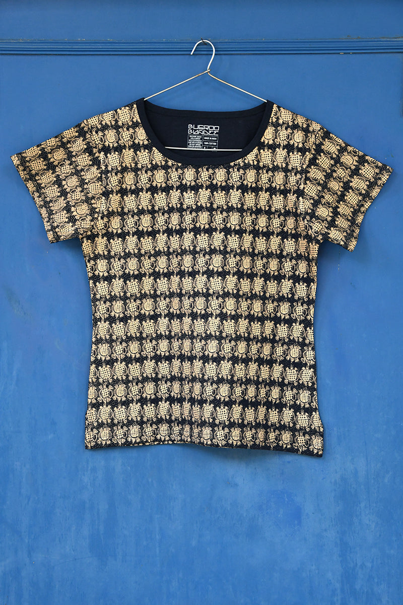 Black Folk Turtle Gold Printed Cotton T-Shirt For Women Online