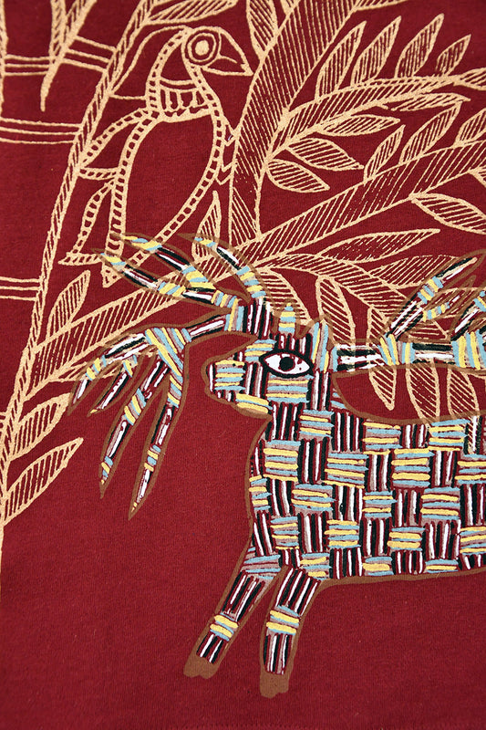 Crimson Folk Tree & Deer Gold Printed T-Shirt For Women Online