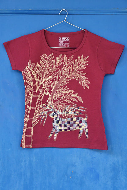 Crimson Folk Tree & Deer Gold Printed T-Shirt For Women Online