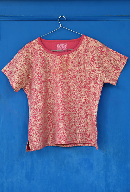Cerise Folk Birds Gold Printed T-Shirt For Women Online