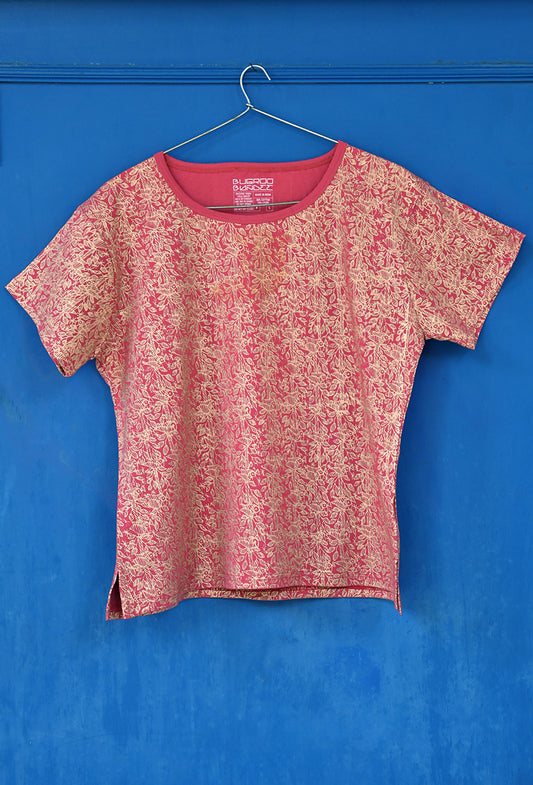 Cerise Folk Birds Gold Printed T-Shirt For Women Online