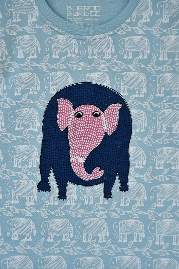 Baby Blue Folk Elephant Drawing Cotton Kids T-Shirt Online