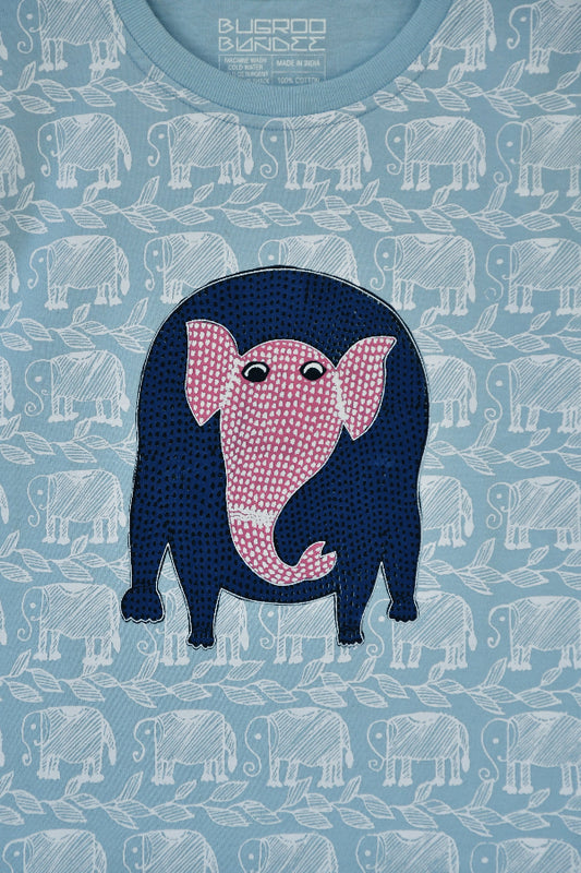 Baby Blue Folk Elephant Drawing Cotton Kids T-Shirt Online