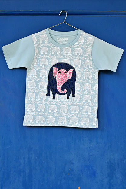Baby Blue Folk Elephant Drawing Cotton Kids T-Shirt Online
