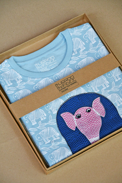 Baby Blue Folk Elephant Drawing Kids  T-Shirt