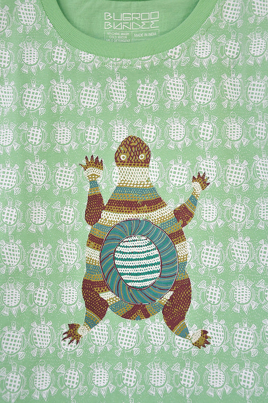 Fresh Green Folk Turtle Drawing Cotton T-Shirt For Kids Online