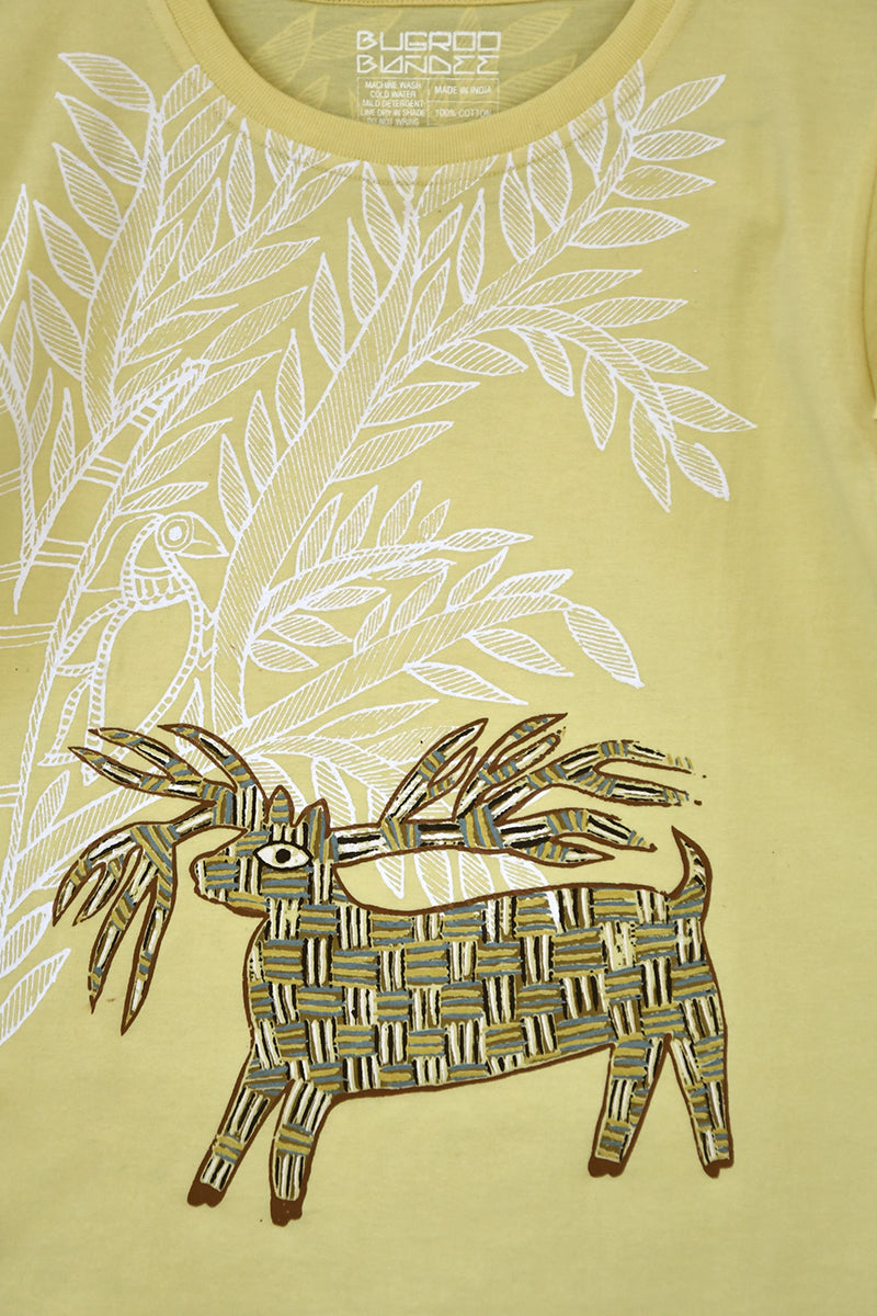 Butterfly Yellow Folk Deer Drawing Cotton T-Shirt For Kids Online