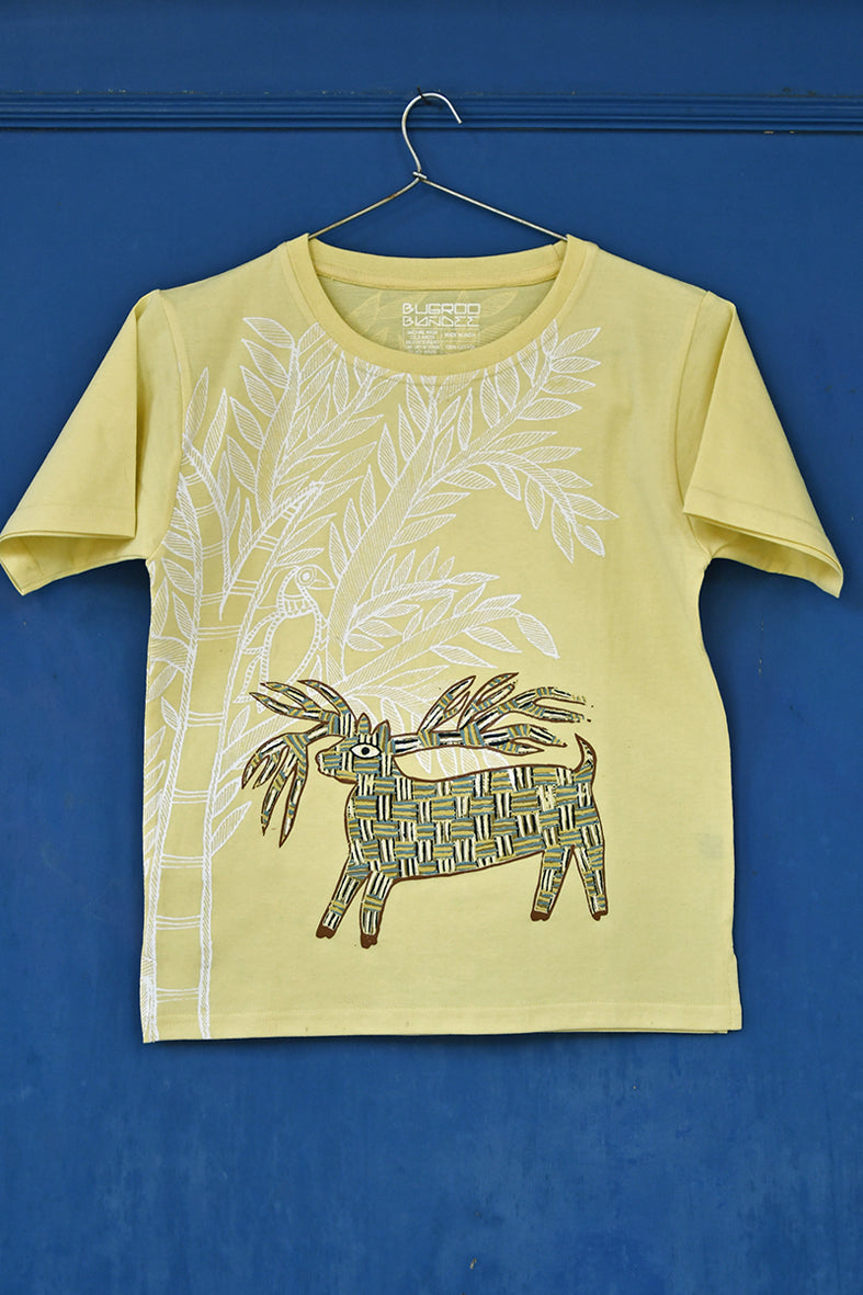 Butterfly Yellow Folk Deer Drawing Cotton T-Shirt For Kids Online