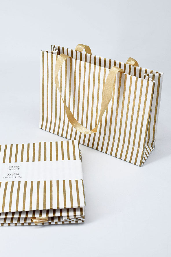 Stripes Print Gold Gift Bags Large, Set of 4