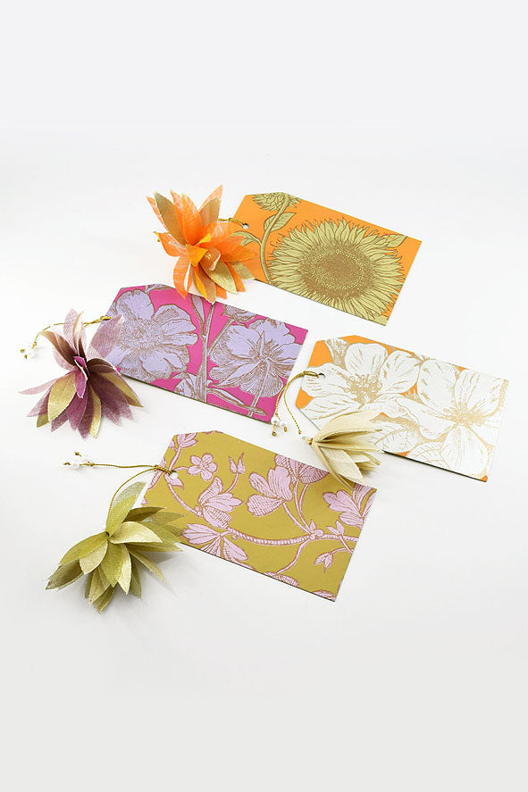 Floral Gift Tags from Calendar Pages with Organza Tassel, Set of 4, 5.5x3