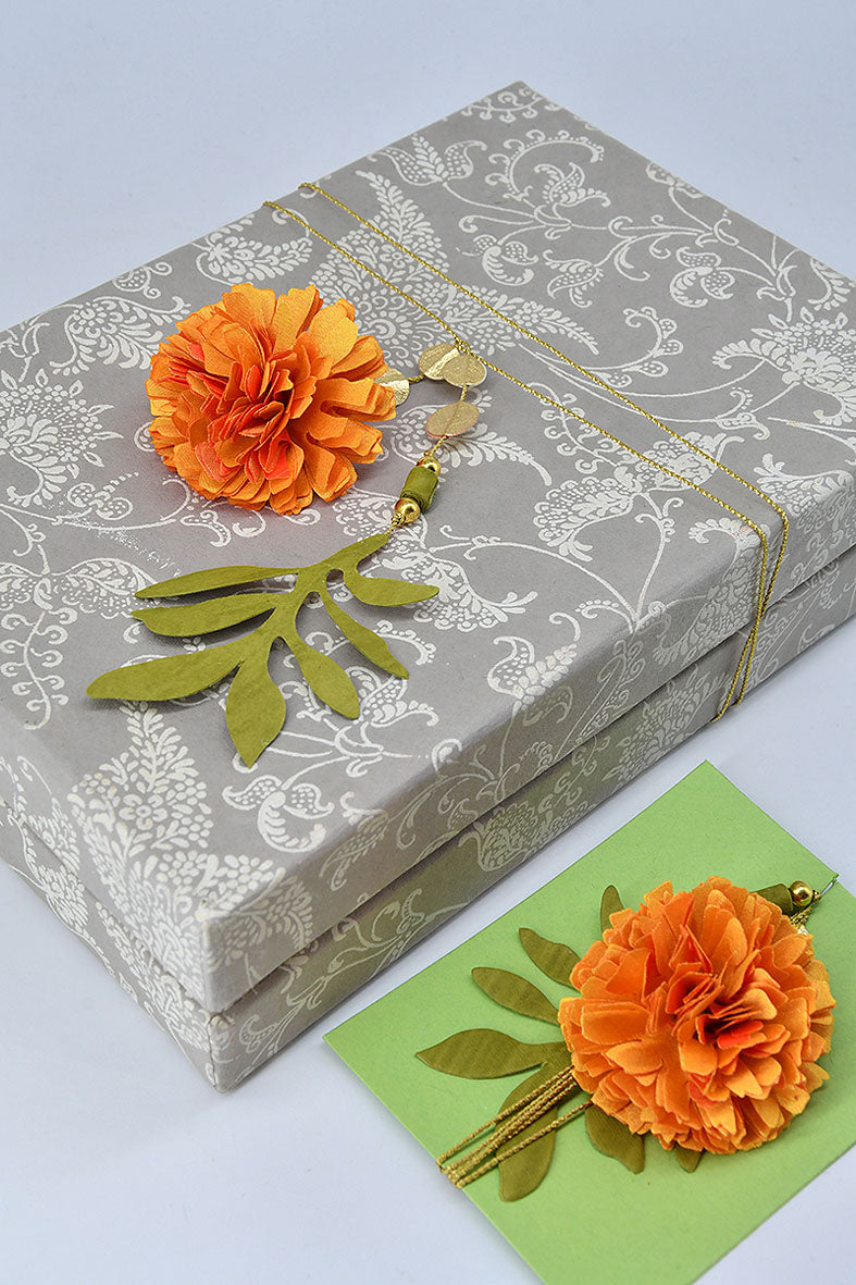 Silk Marigold Flower & Paper Leaf Gift Topper, 1 meter