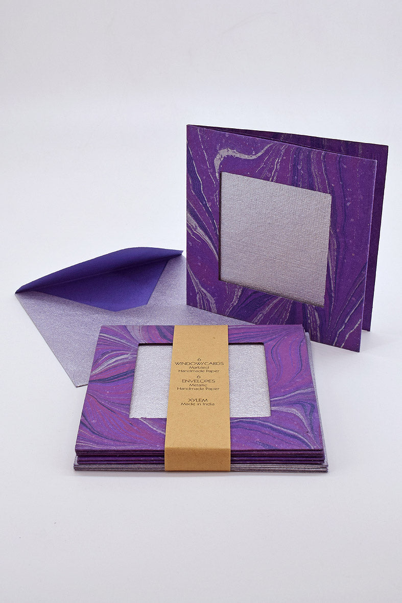 Marbled Window Cards with 6 Metallic Handmade Paper Envelopes & Window Inserts, Set of 6, 5X5