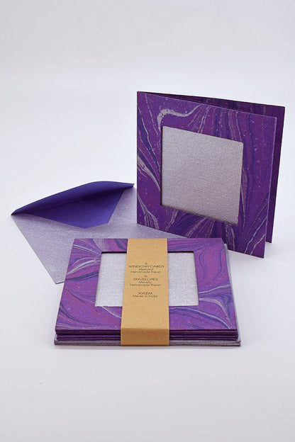 Marbled Window Cards with 6 Metallic Handmade Paper Envelopes & Window Inserts, Set of 6, 5X5