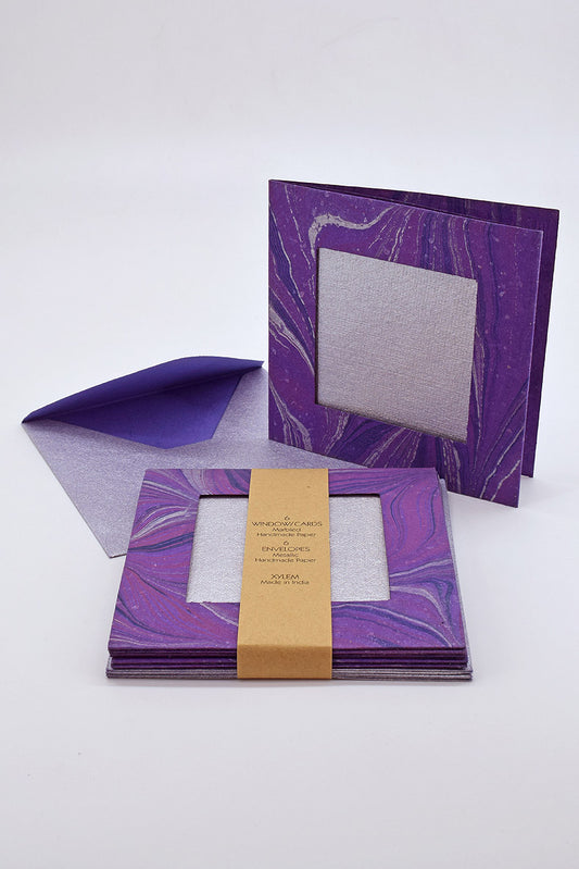 Marbled Window Cards with 6 Metallic Handmade Paper Envelopes & Window Inserts, Set of 6, 5X5