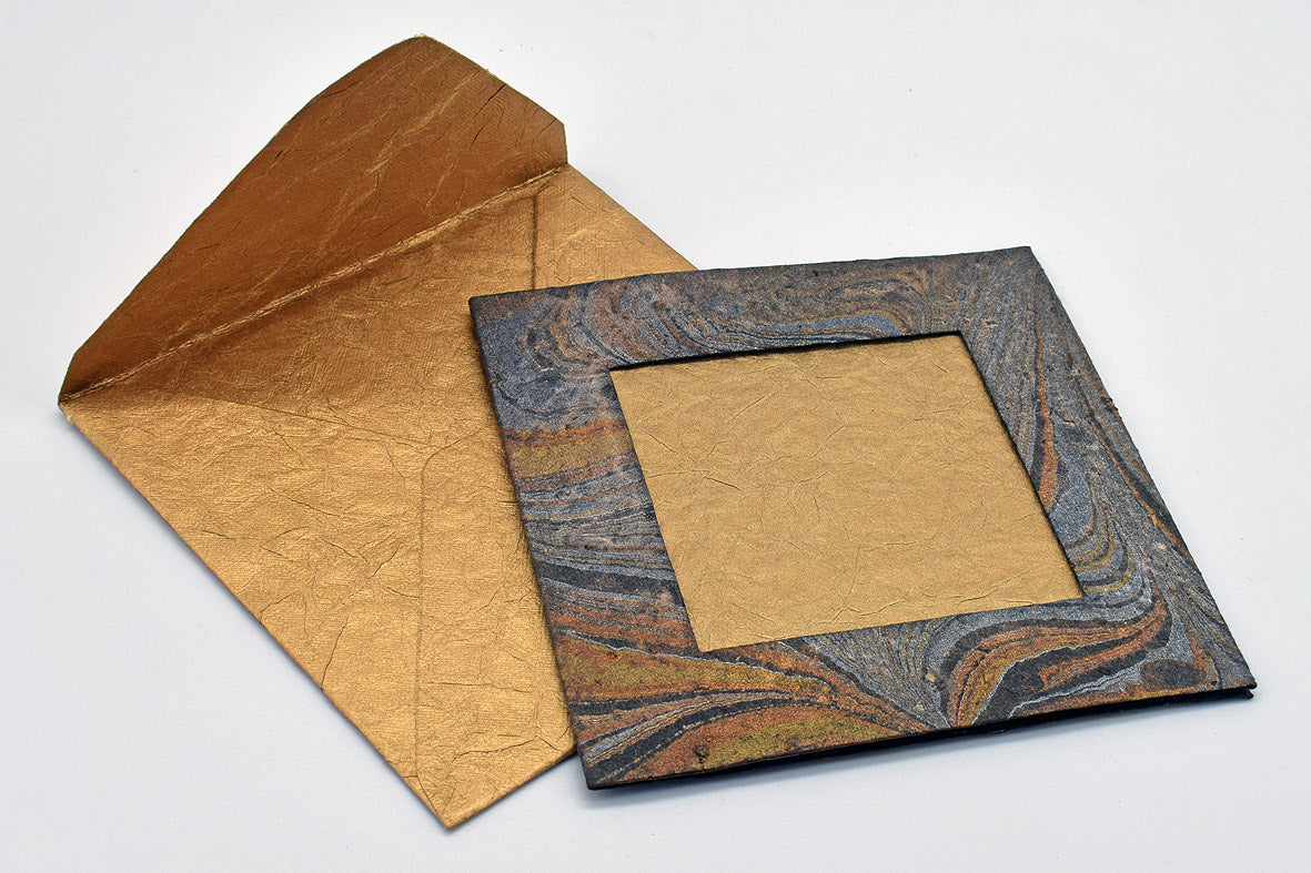 Marbled Window Cards with 6 Metallic Handmade Paper Envelopes & Window Inserts, Set of 6, 5X5