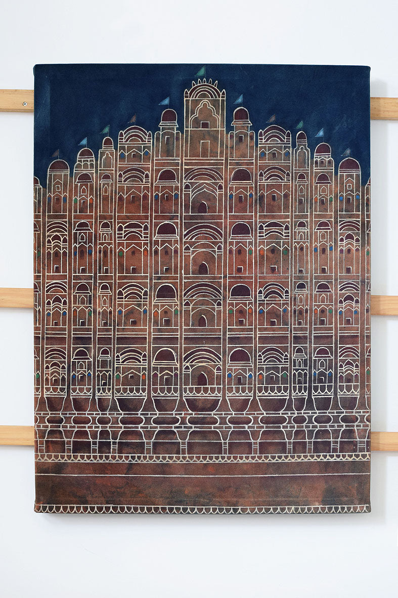 Artwork Hawa Mahal Night painting 73x97cm Bagru Neel & Naturals canvas
