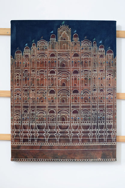 Artwork Hawa Mahal Night painting 73x97cm Bagru Neel & Naturals canvas
