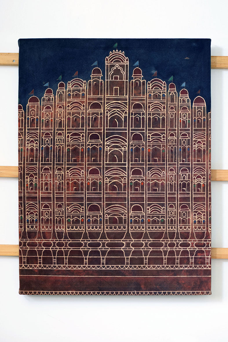 Artwork Hawa Mahal Night painting 73x97cm Bagru Neel & Naturals canvas
