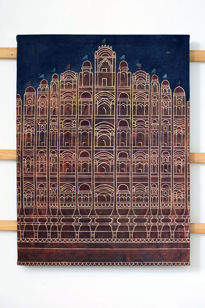 Artwork Hawa Mahal Night painting 73x97cm Bagru Neel & Naturals canvas
