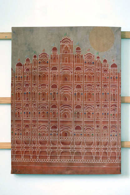 Artwork Hawa Mahal painting 73x97cm Bagru Light Neel & Naturals canvas