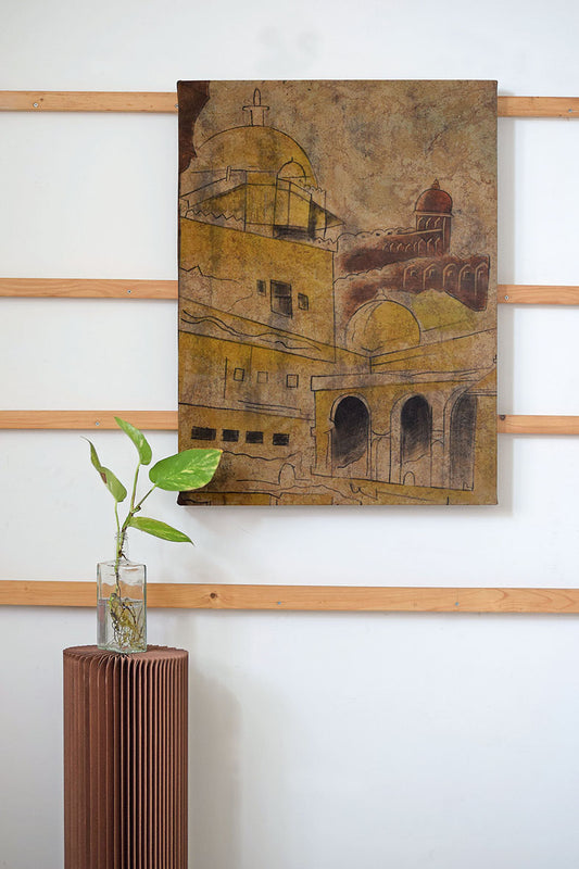 Artwork Fort Monument painting 73x97cm Bagru Browns natural dye canvas