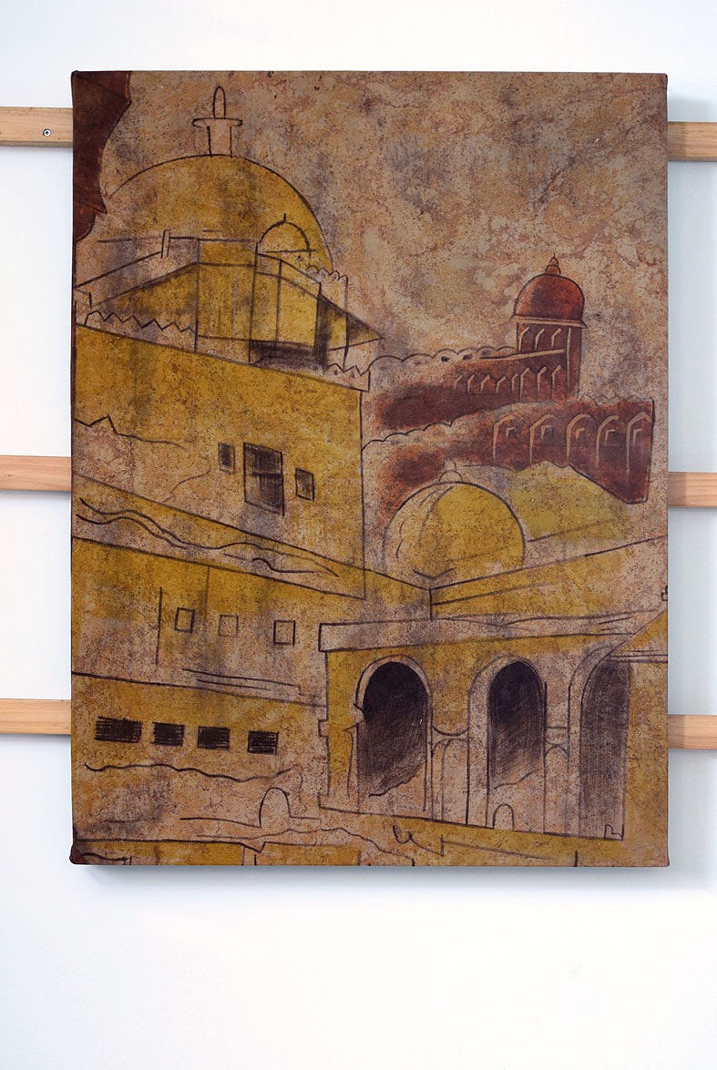 Artwork Fort Monument painting 73x97cm Bagru Browns natural dye canvas