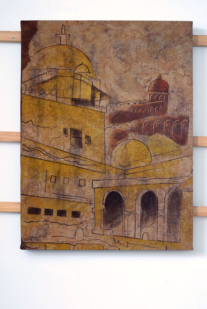 Artwork Fort Monument painting 73x97cm Bagru Browns natural dye canvas