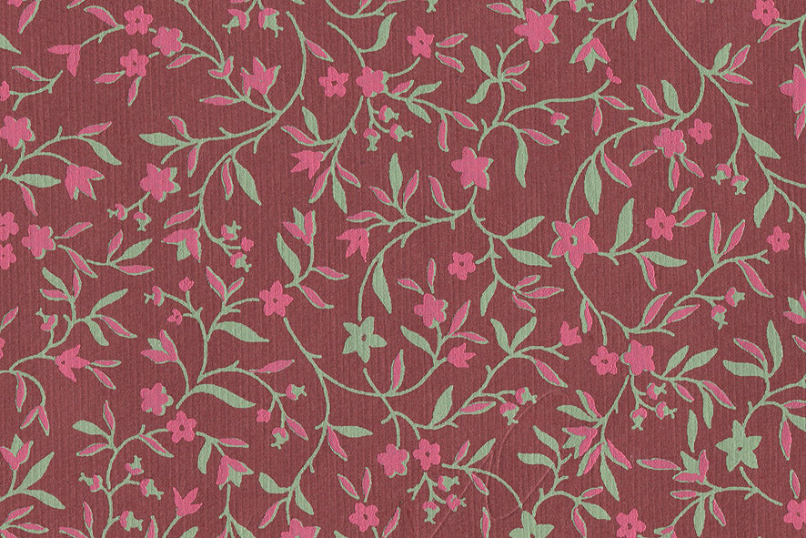 Flower Vine Ditsy: Pink & Green on Cordovan Red Handmade Paper
