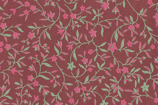 Flower Vine Ditsy: Pink & Green on Cordovan Red Handmade Paper