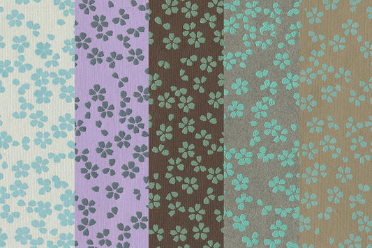 Scattered Blossoms: Assorted Blue Tones on Neutrals ~100gsm Printed Handmade Paper Set of 5 50x70cm each
