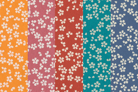 Scattered Blossoms: Assorted White on Primary Colours ~100gsm Printed Handmade Paper Set of 5 50x70cm each