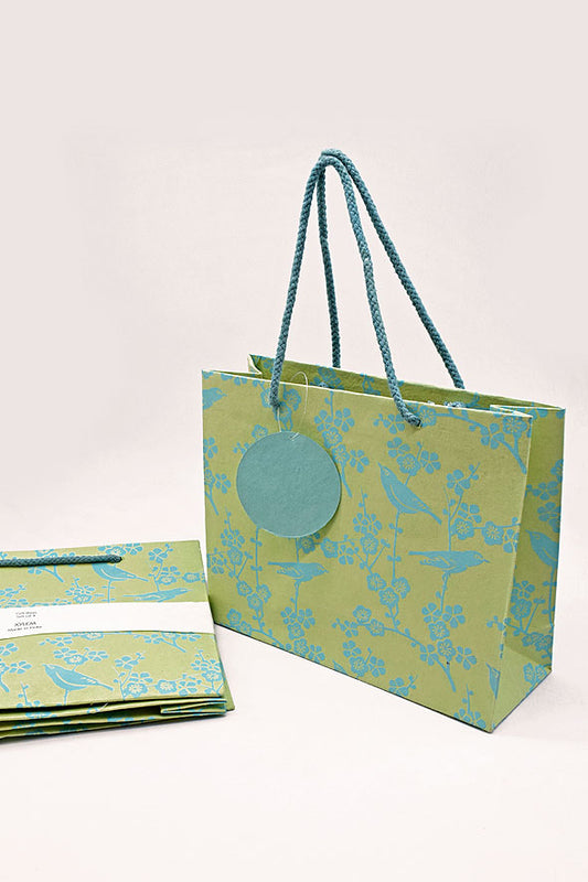 Birds Print Green Gift Bags Medium Escort, Set of 4, 8.5x12