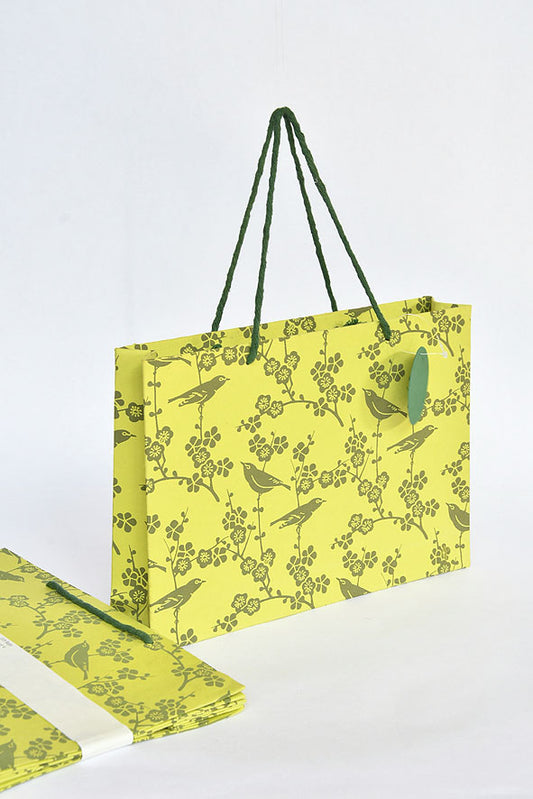 Birds Print Lime Gift Bags Medium, Set of 4, 8.5x12