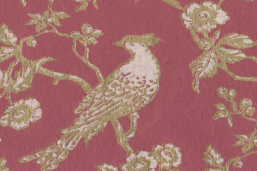 Bird Sylvan: Gold & White on Deep Rose Handmade Paper