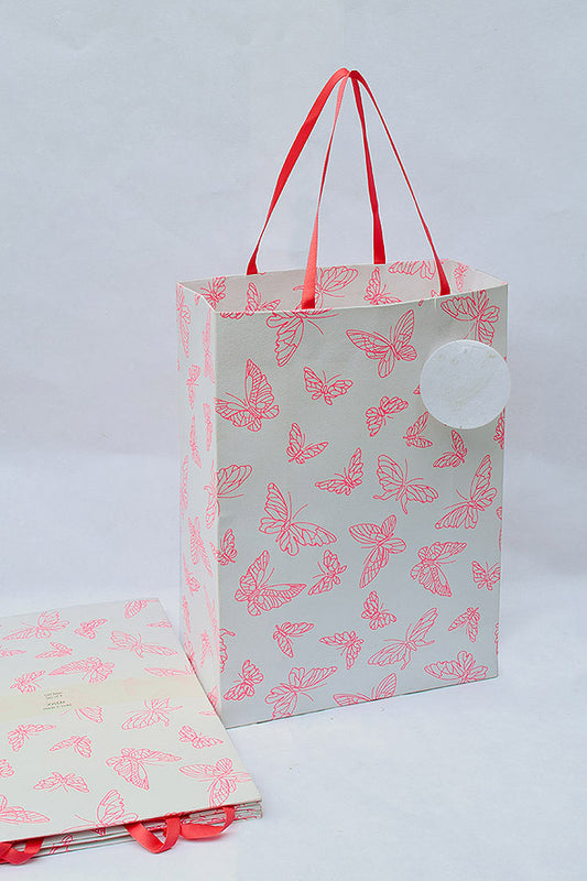 Butterfly Print White Gift Bags Large, Set of 4, 14x10