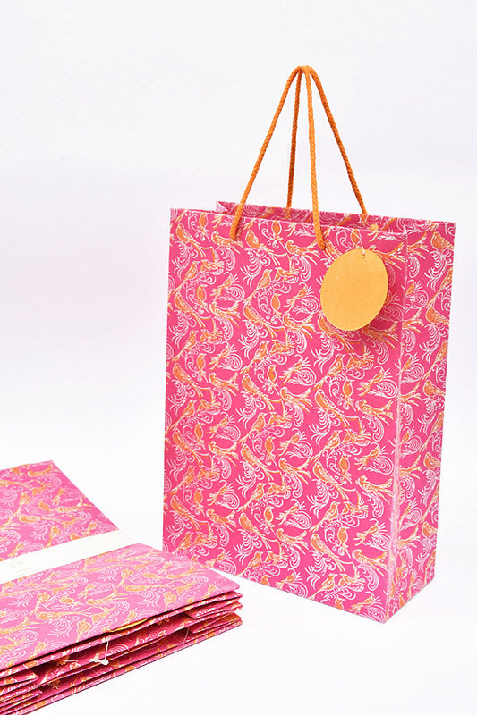 Birds & Whirls Pink Gift Bags Large, Set of 4, 14x10