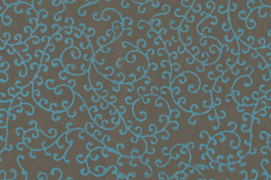 Curlicue Vines: Blue on Bronze Black Handmade Paper