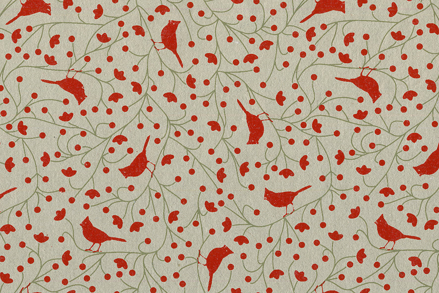Cardinals Print: Red & Moss on Cement Gray Handmade Paper
