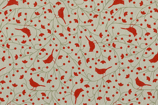 Cardinals Print: Red & Moss on Cement Gray Handmade Paper