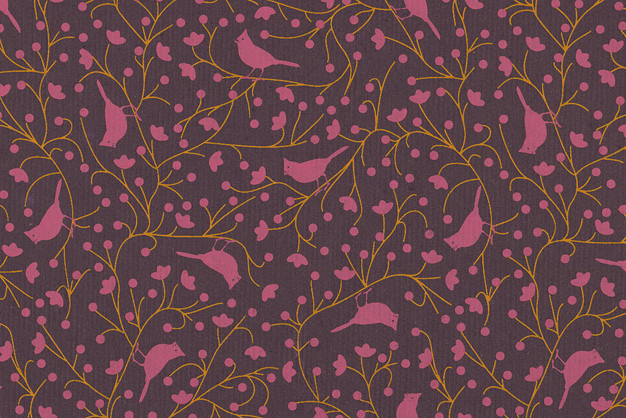 Cardinals Print: Pink & Yellow on Dark Grape Handmade Paper