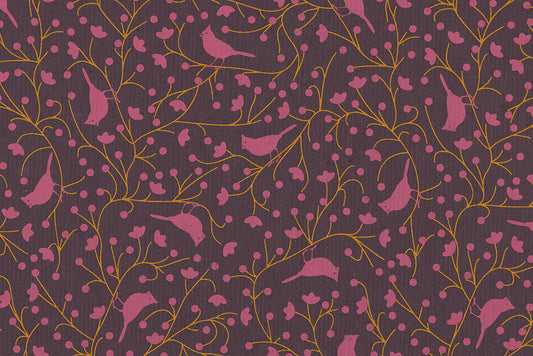 Cardinals Print: Pink & Yellow on Dark Grape Handmade Paper