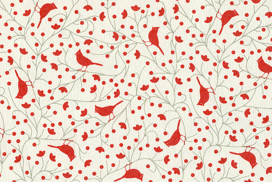 Cardinals Print: Red & Green on Warm White Handmade Paper