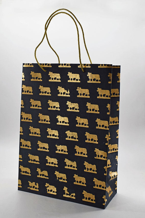 Cows Print Black Gift Bags Large, Set of 4, 13.75x10