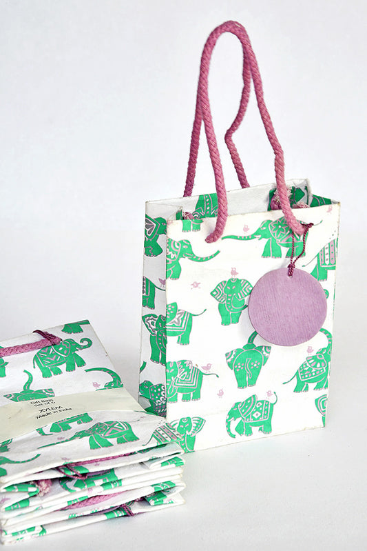 Elephants Print Green Gift Bags Small, Set of 6, 6x4.5
