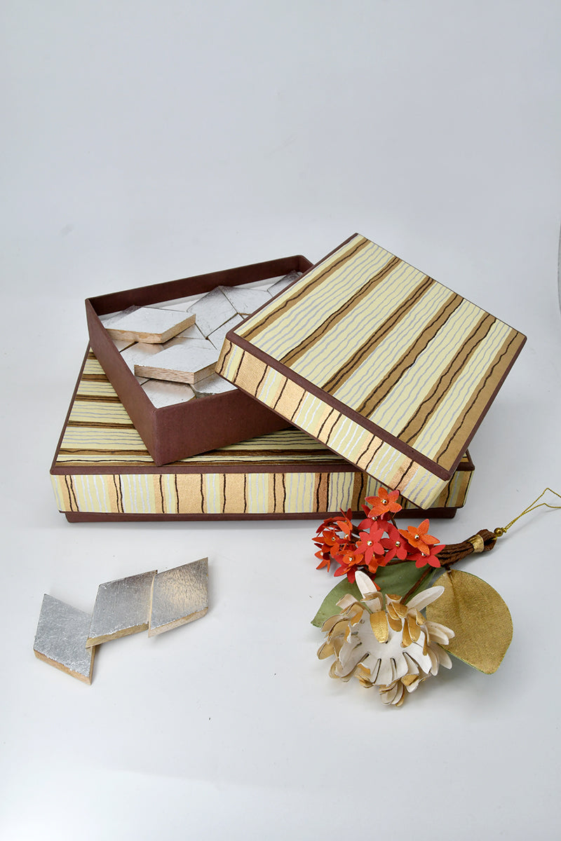 Gift Box for Mithai / Chocolates - 2 Colour Metallic Stripes with Plain Paper Base