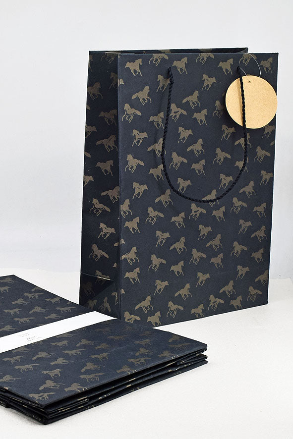 Horses Print Black Gift Bags Large, Set of 4, 14x10