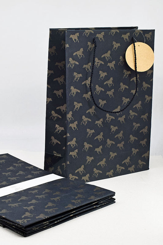 Horses Print Black Gift Bags Large, Set of 4, 14x10